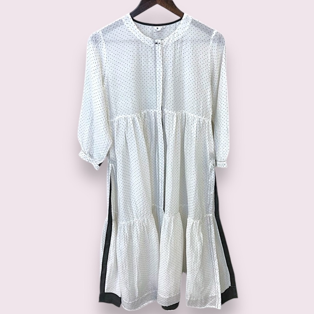 KILOL Midi tiered tunic dress, polka dot print, sheer,side slits,buttons XS